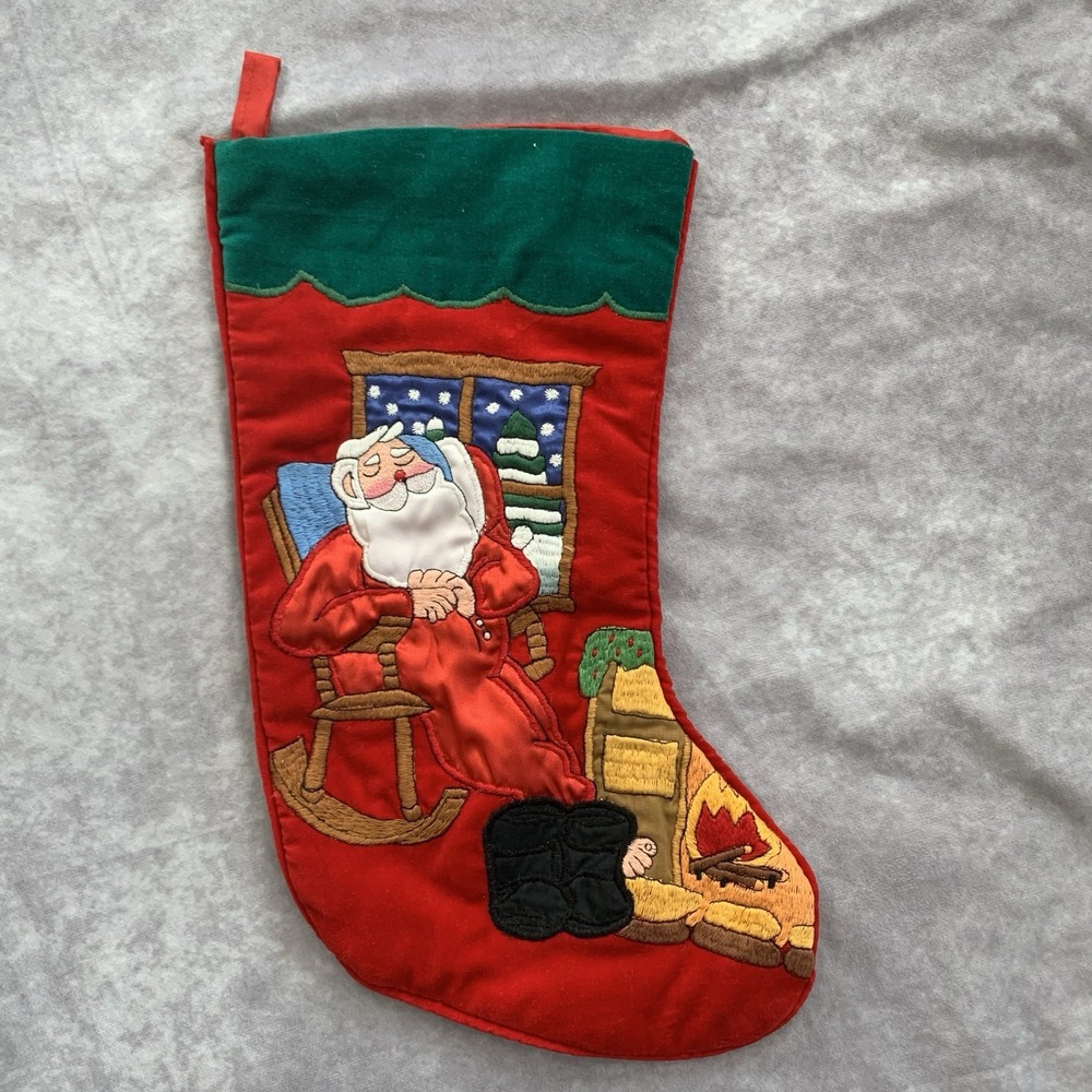 Sleeping Santa Christmas Stocking  Fireplace Holiday Decor